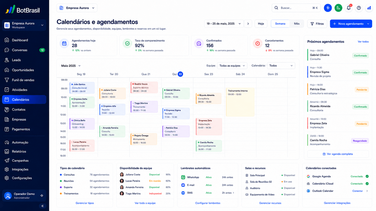 Calendário de agendamento online da BotBrasil com horários disponíveis e confirmação automática — BotBrasil para petshops e veterinárias