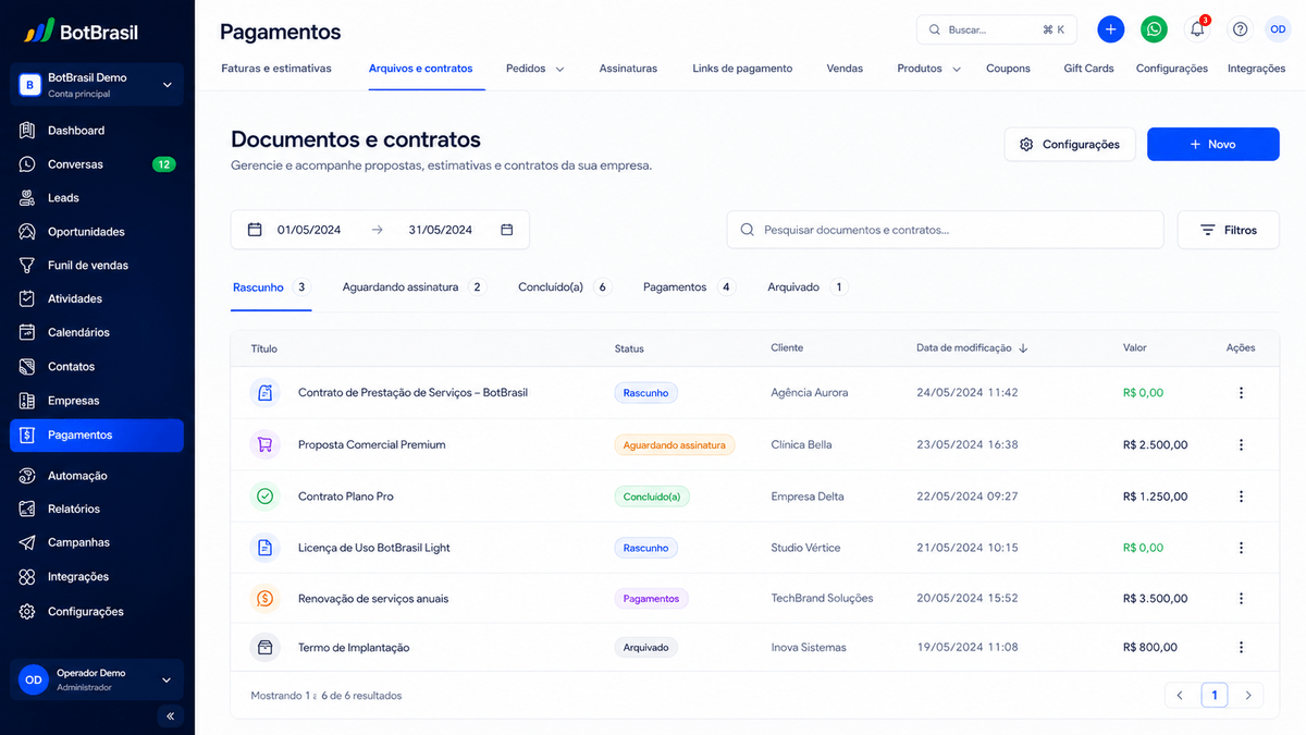 Gestão de contratos digitais da BotBrasil com assinatura, arquivamento automático e fluxo no WhatsApp — BotBrasil para petshops e veterinárias