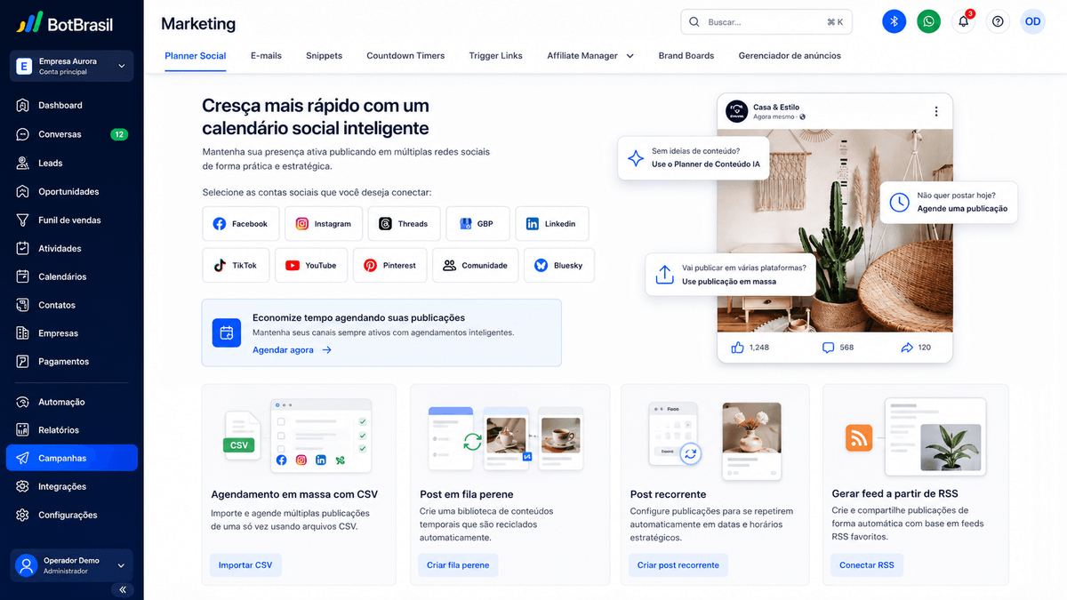 Painel de marketing da BotBrasil com gestão de redes sociais, campanhas e relatórios de conversão — BotBrasil para petshops e veterinárias