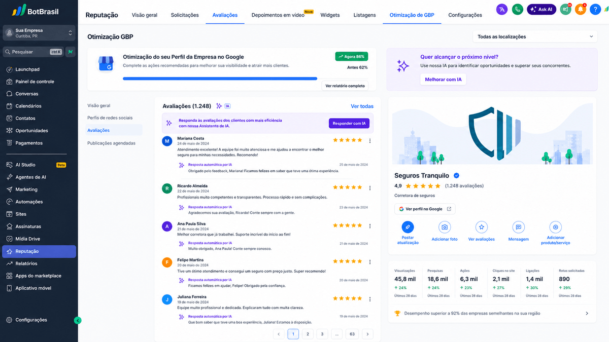 Painel de reputação online da BotBrasil com avaliações do Google, NPS e respostas automáticas — BotBrasil para petshops e veterinárias